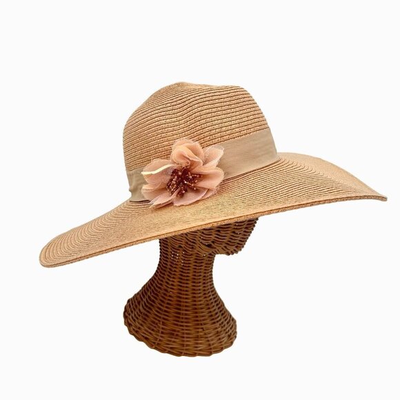 AUGUST HAT COMPANY FLOPPY SUN, DERBY, CHURCH STRAW HAT W/ BEADED FLOWER - Picture 1 of 7